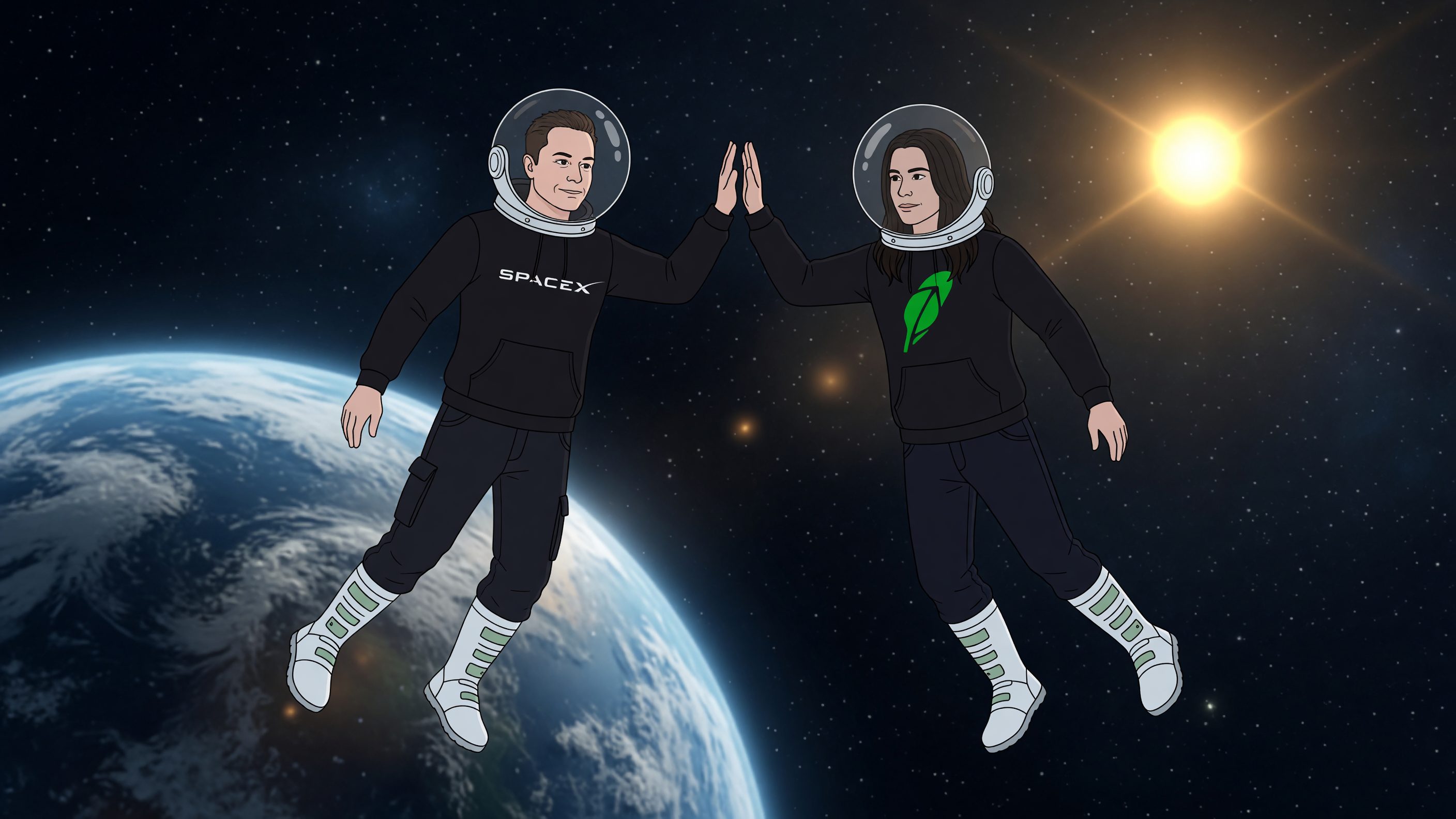 The MoonCoin crew high-fiving in orbit